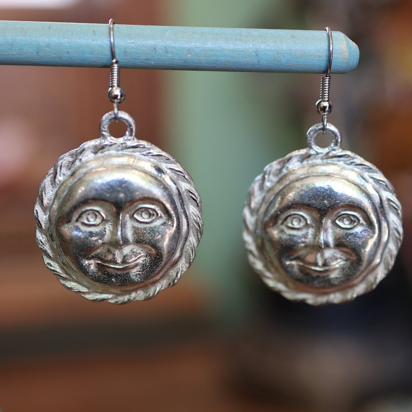 Large Moon Face Silver Earrings