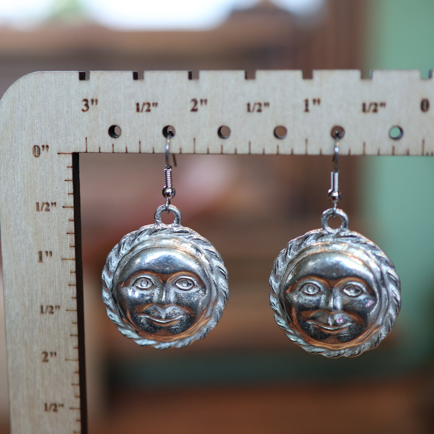 Large Moon Face Silver Earrings