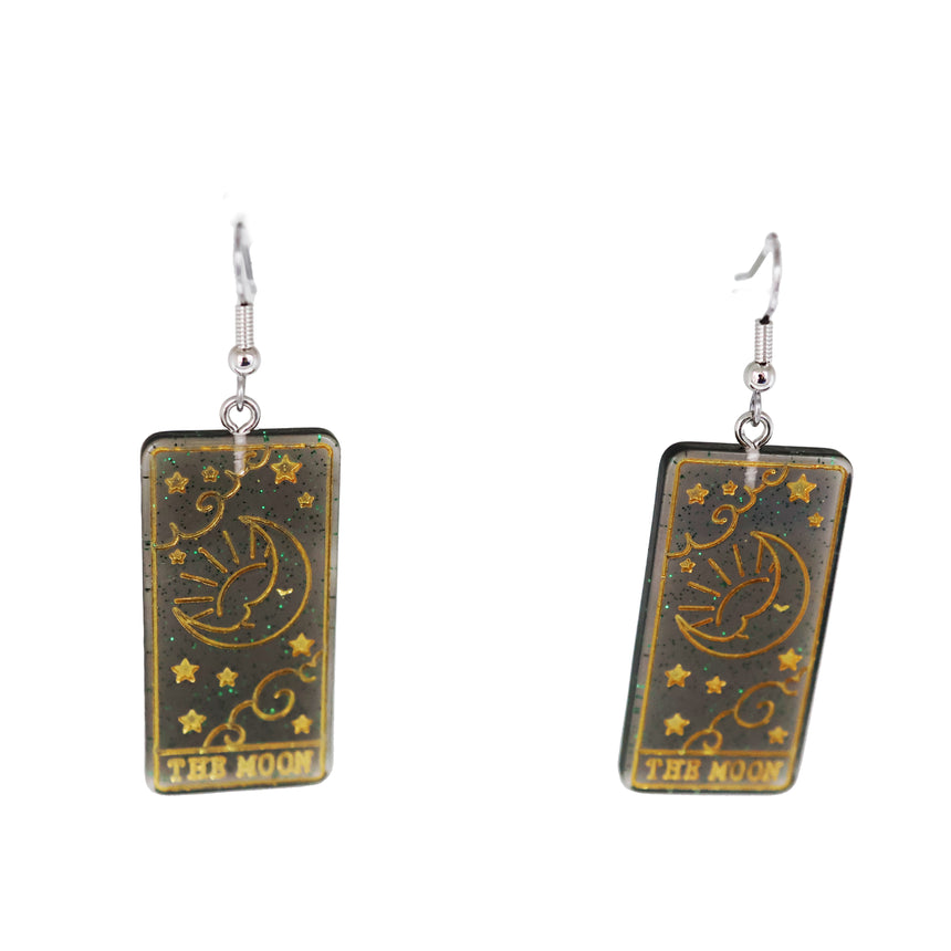The Moon Tarot Card Earrings with Black & Green Shimmer