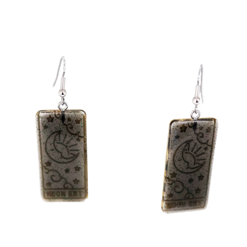 The Moon Tarot Card Earrings with Black & Green Shimmer