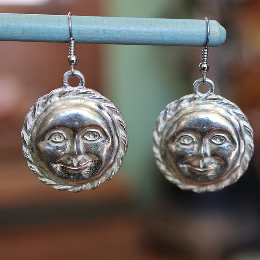 Large Moon Face Silver Earrings