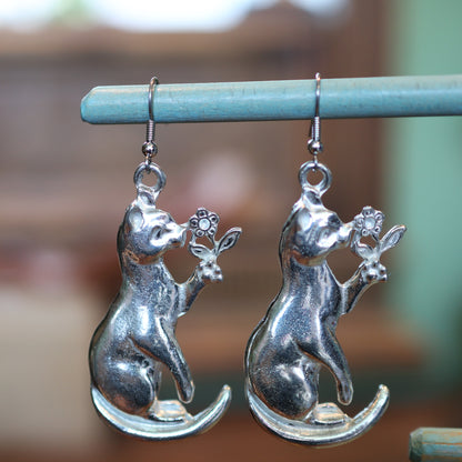 XL Silver Kitty Cat Flower Power Earrings