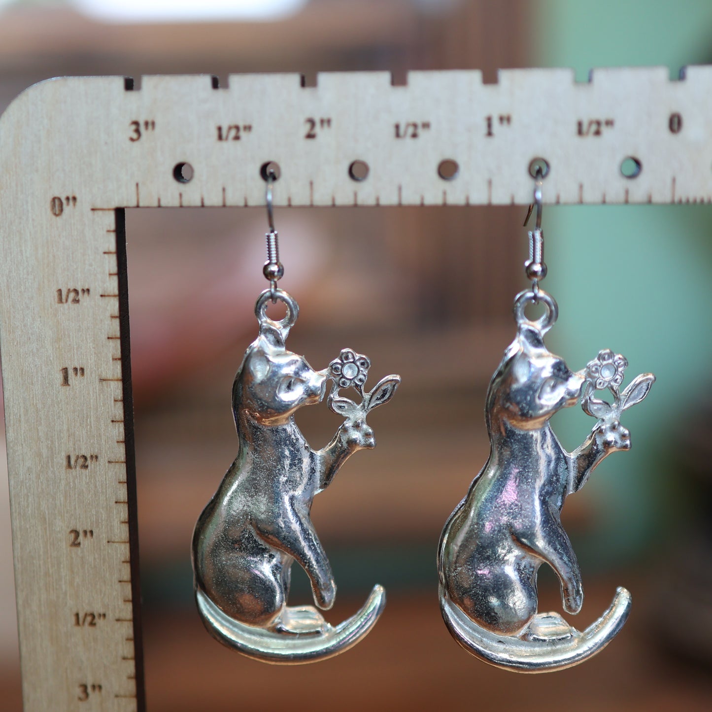 XL Silver Kitty Cat Flower Power Earrings