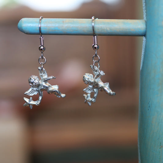 Silver Shooting Star Cherub Earrings