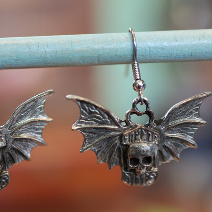 Toxic Masculinity Skull Bat Patina Silver Earrings