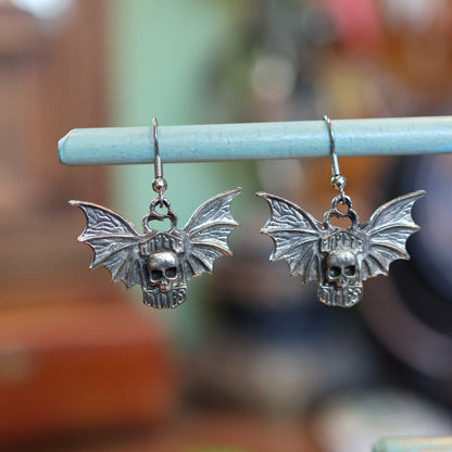 Toxic Masculinity Skull Bat Patina Silver Earrings