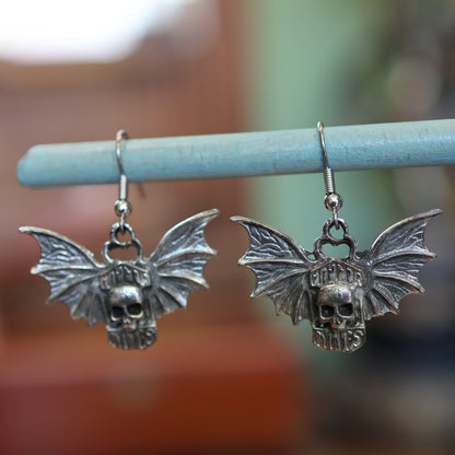 Toxic Masculinity Skull Bat Patina Silver Earrings