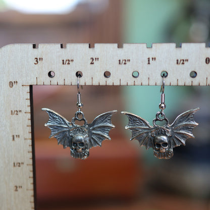 Toxic Masculinity Skull Bat Patina Silver Earrings