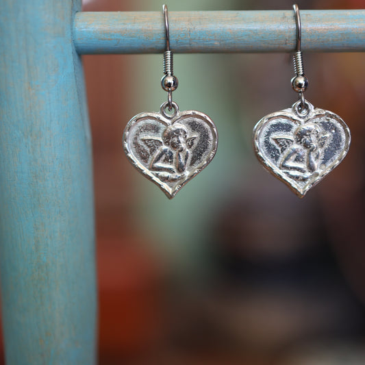 Thinking Cherub Silver Heart Earrings