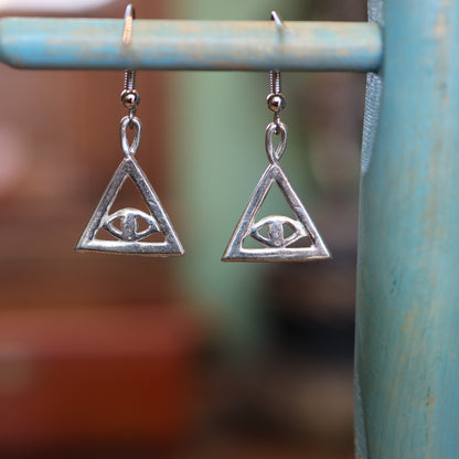 Pyramid Seeing Eye Silver Earrings