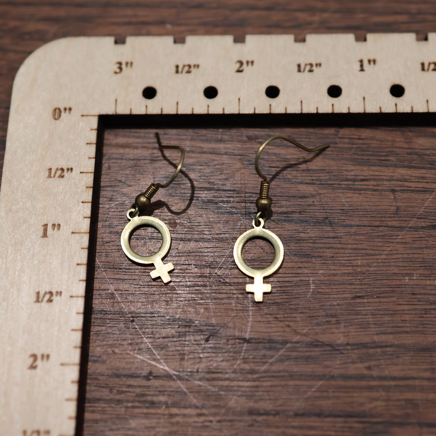 Mini Brass Venus Female Symbol Earrings