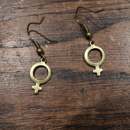 Mini Brass Venus Female Symbol Earrings