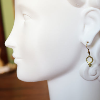 Mini Brass Venus Female Symbol Earrings