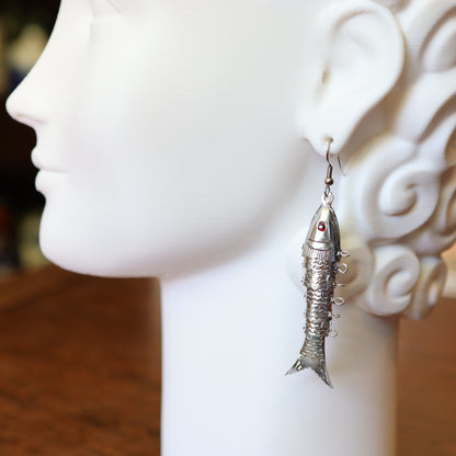 Vintage 1970's Articulated Silver Wiggly Fish Earrings