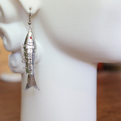 Vintage 1970's Articulated Silver Wiggly Fish Earrings