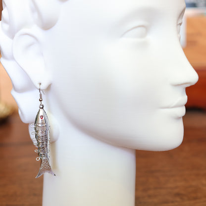 Vintage 1970's Articulated Silver Wiggly Fish Earrings