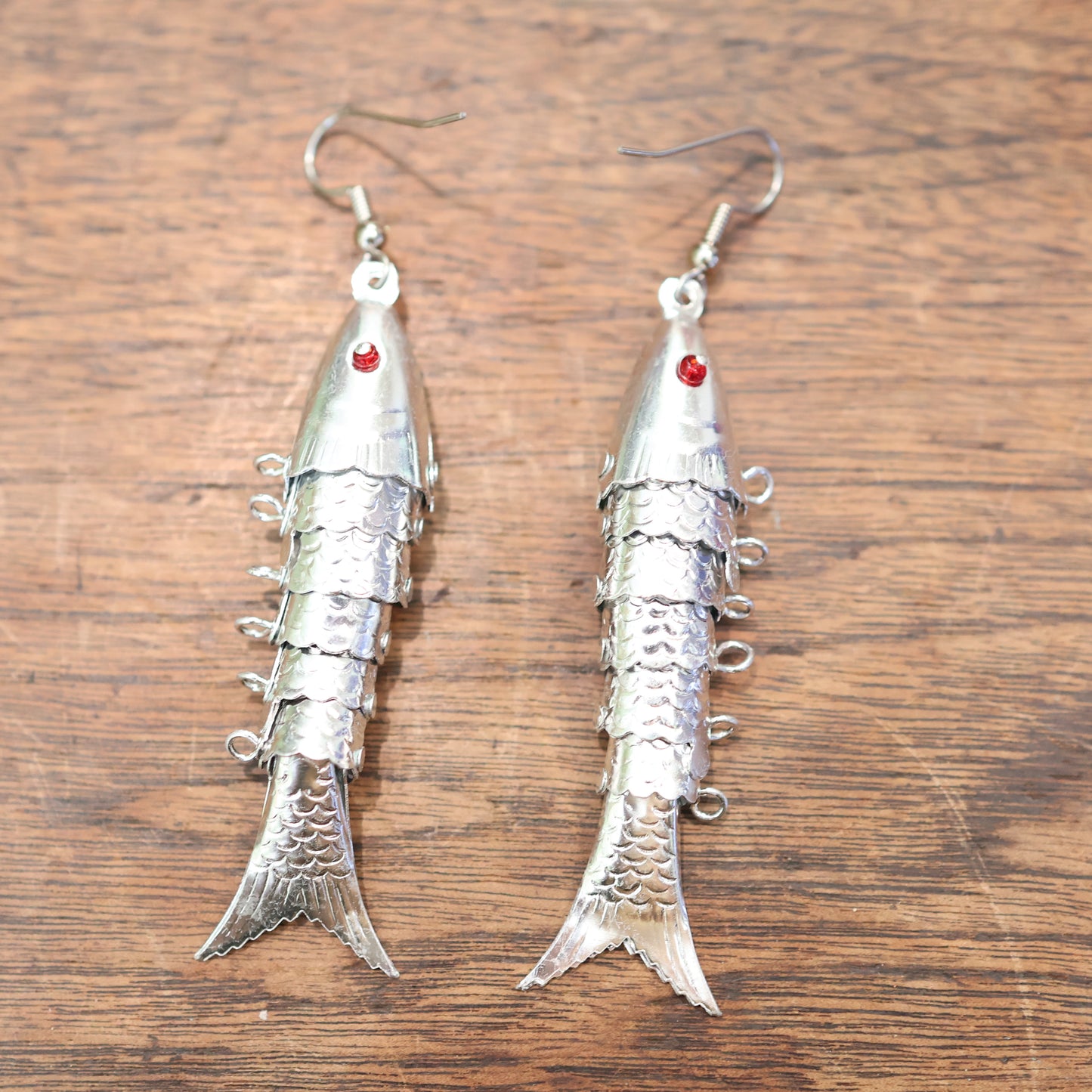 Vintage 1970's Articulated Silver Wiggly Fish Earrings