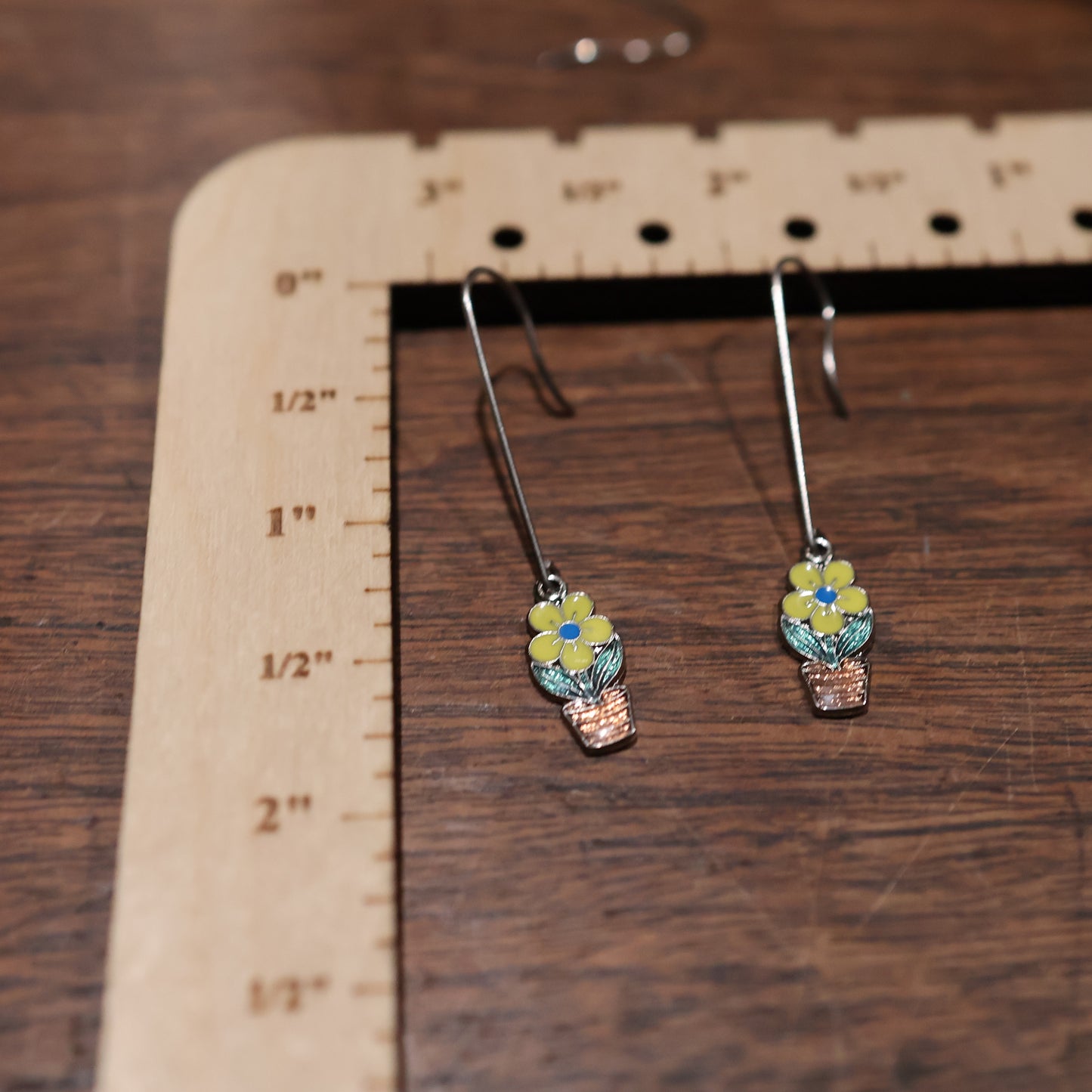 Vintage Silver Long Dangle Enamel Flower Earrings
