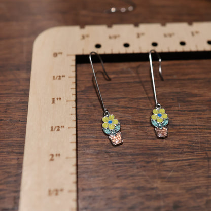 Vintage Silver Long Dangle Enamel Flower Earrings