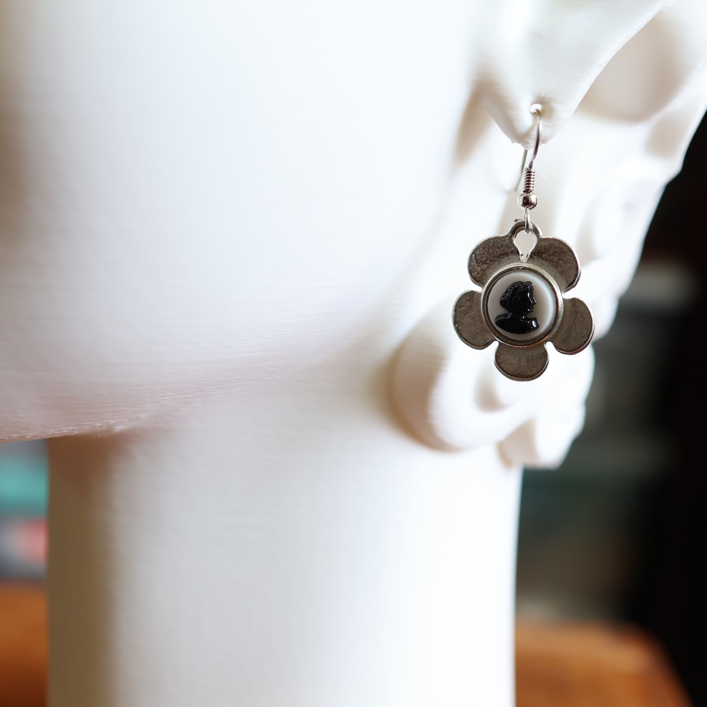 Silver Cameo Flower Earrings