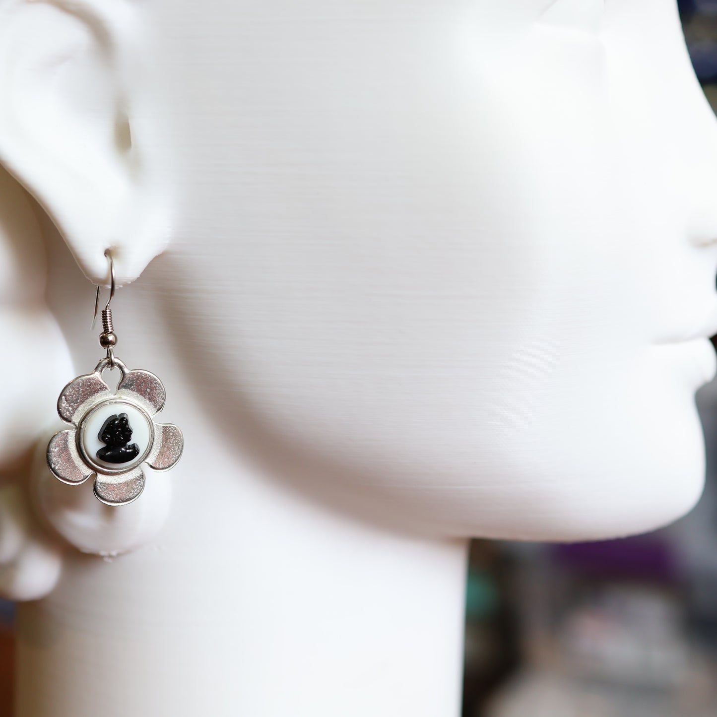 Silver Cameo Flower Earrings