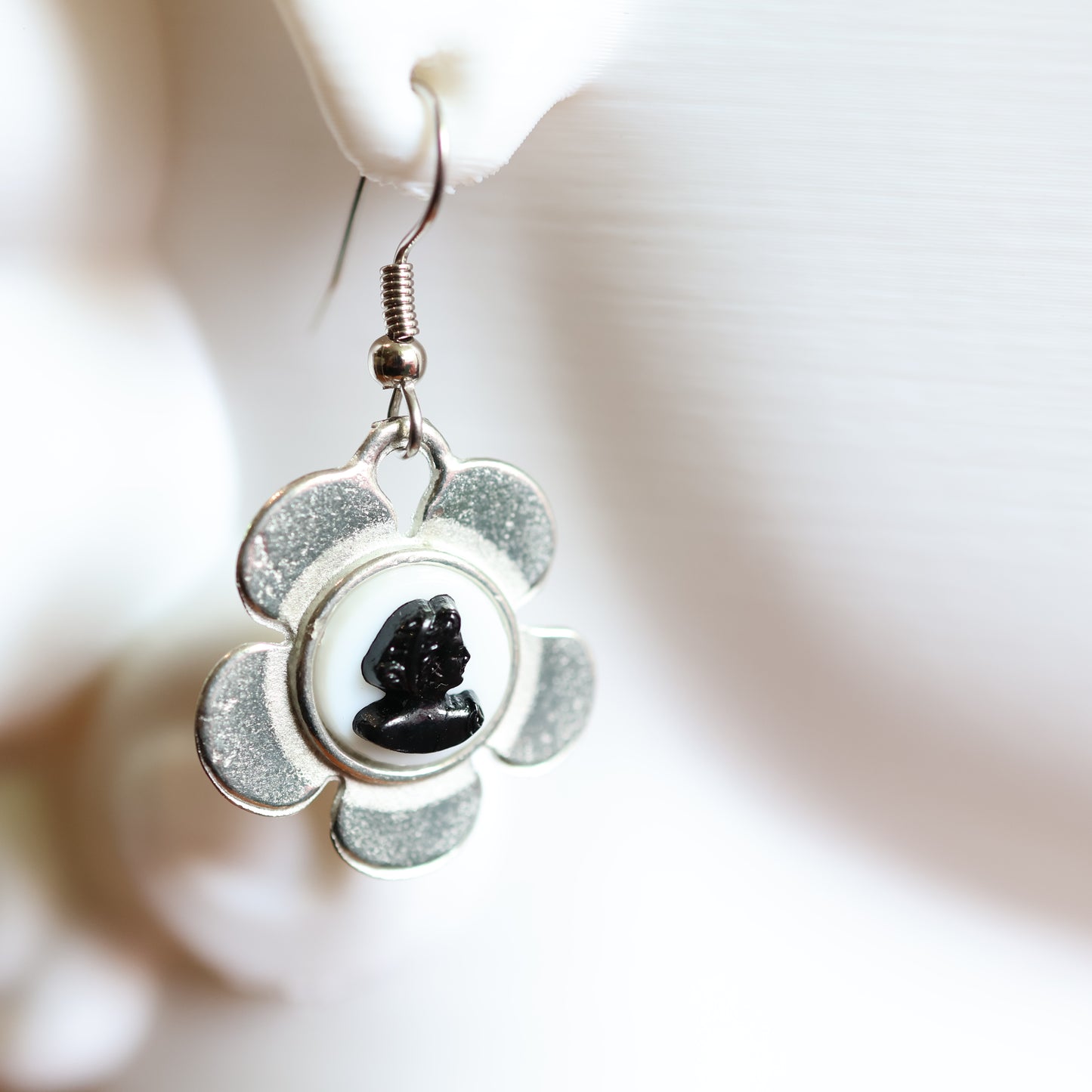 Silver Cameo Flower Earrings