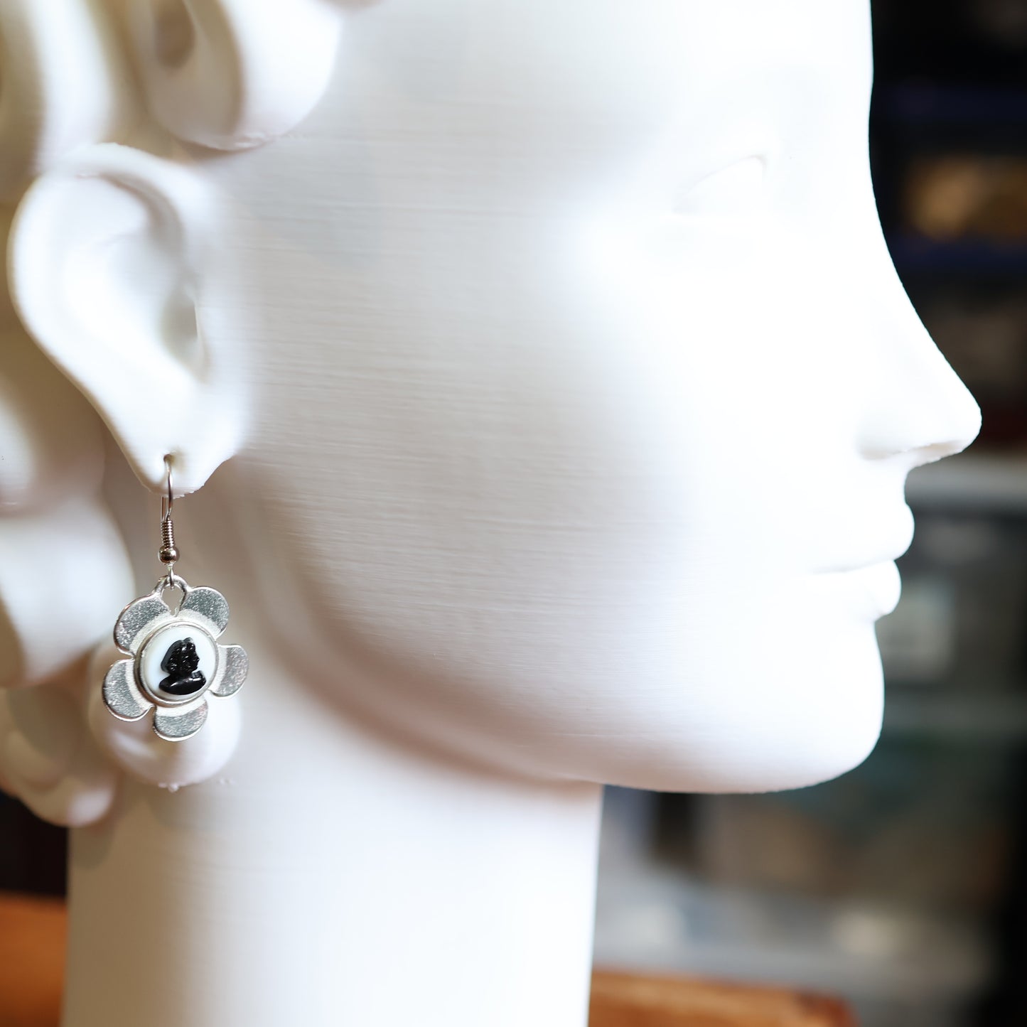 Silver Cameo Flower Earrings
