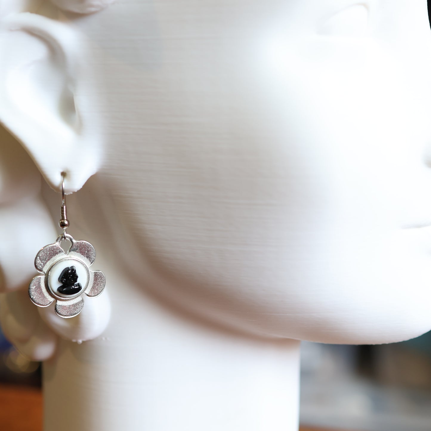 Silver Cameo Flower Earrings