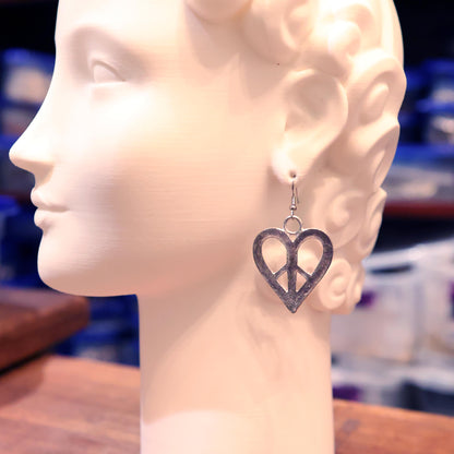 1960s Peace Heart Earrings in Pewter