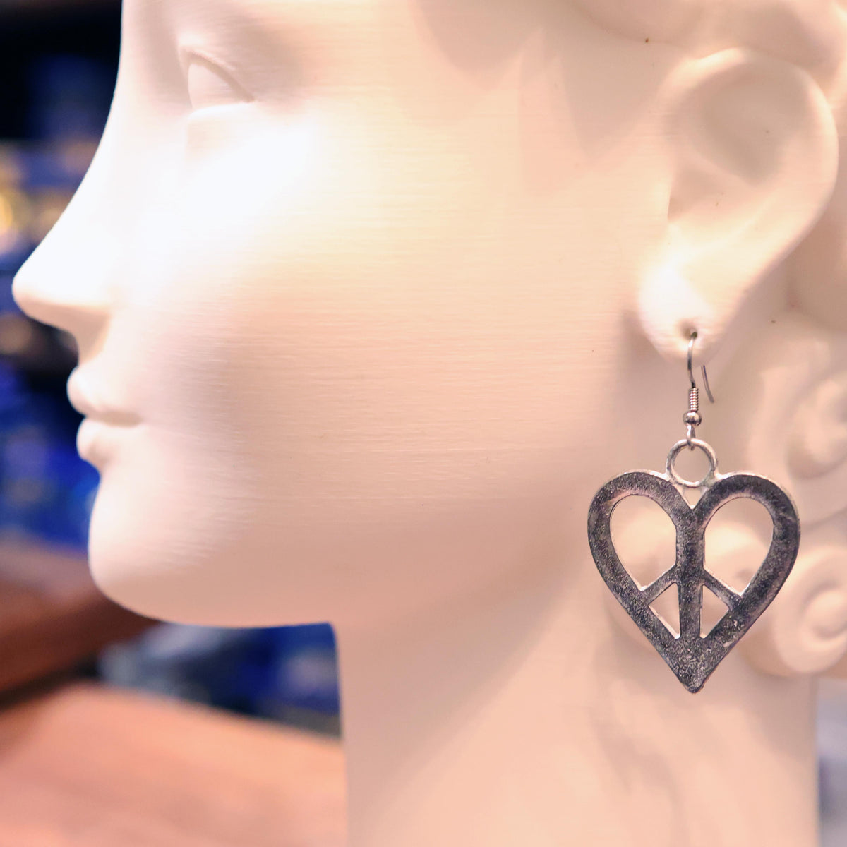 1960s Peace Heart Earrings in Pewter