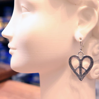 1960s Peace Heart Earrings in Pewter