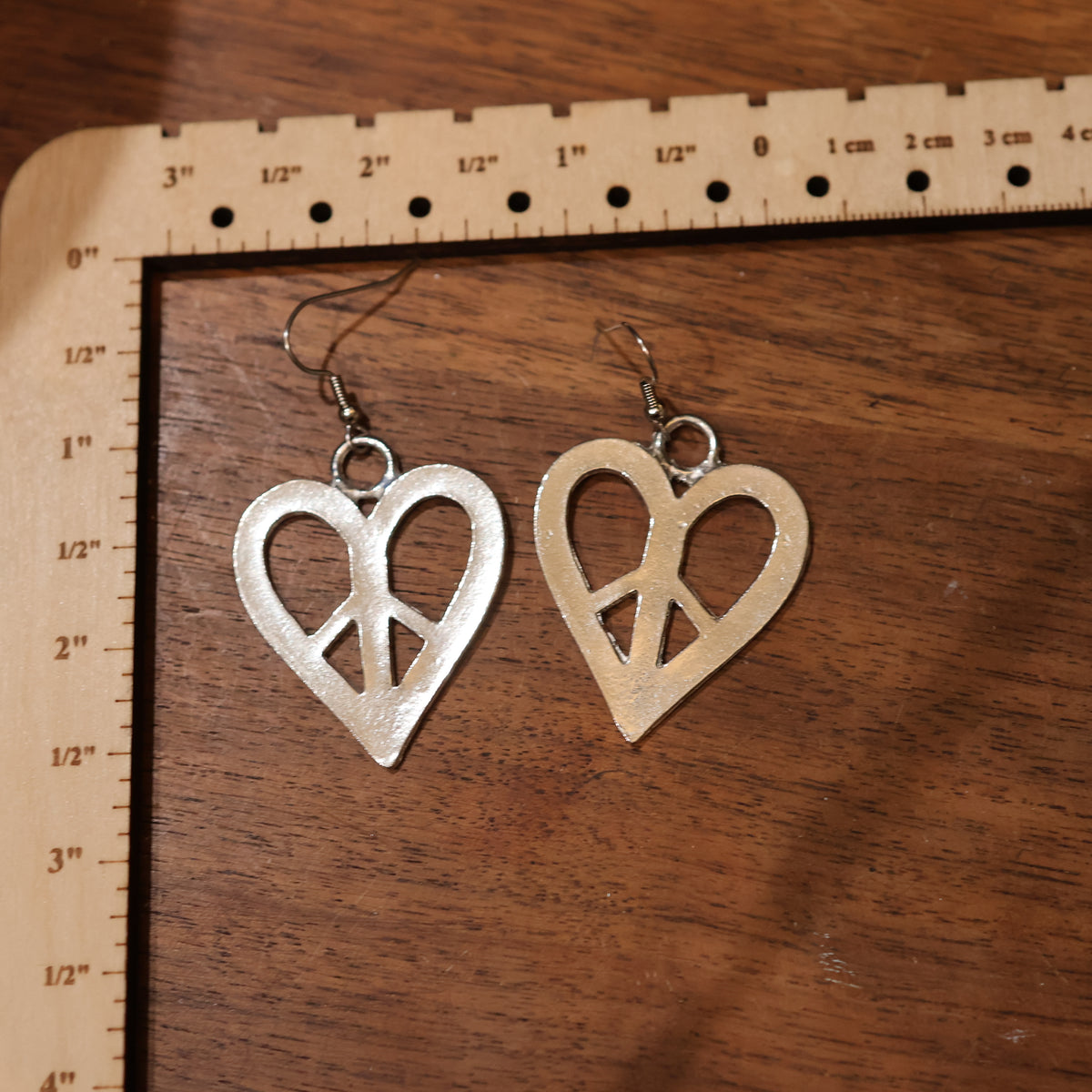 1960s Peace Heart Earrings in Pewter