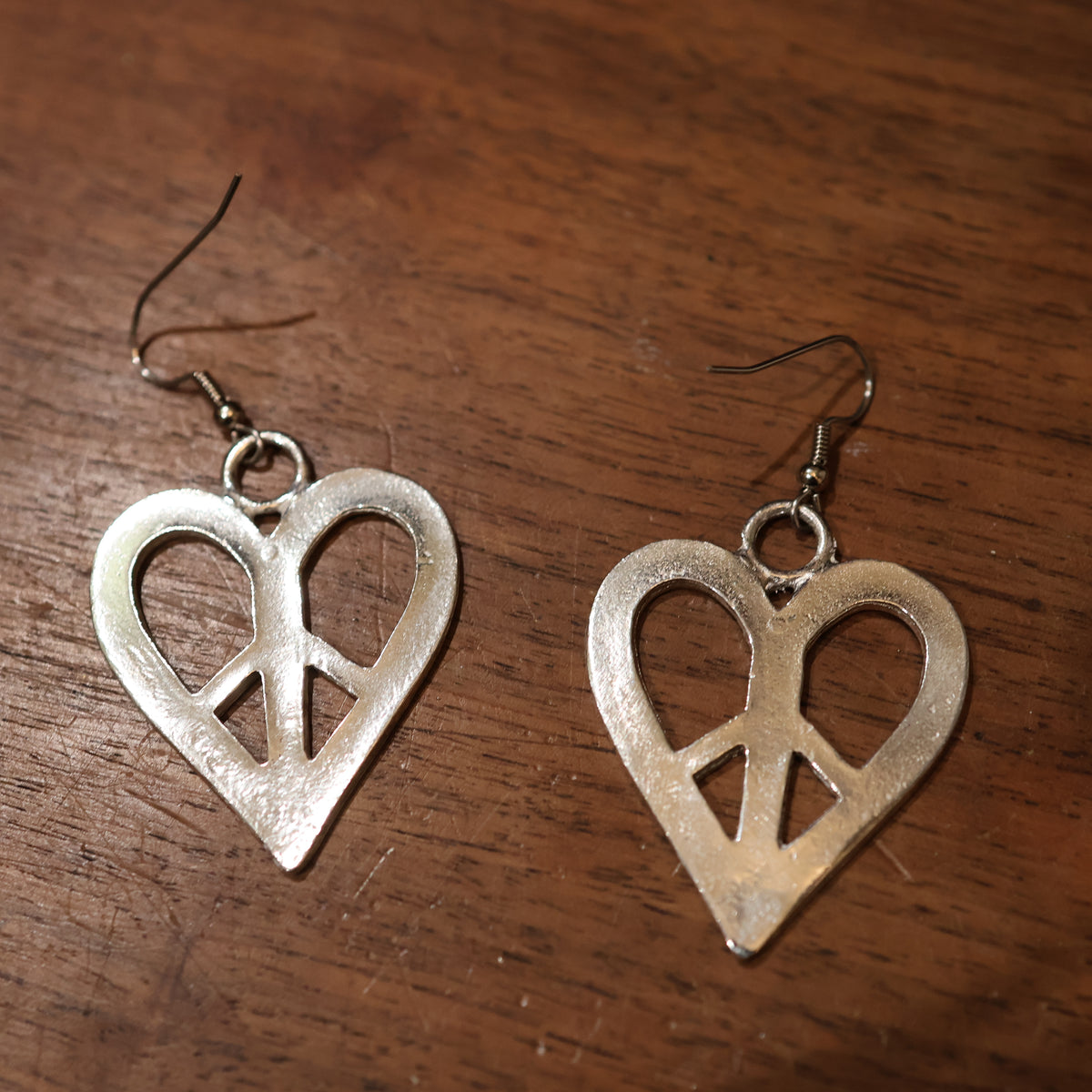 1960s Peace Heart Earrings in Pewter
