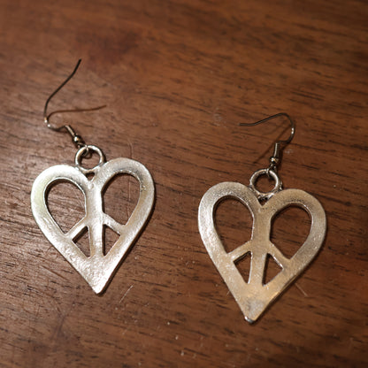 1960s Peace Heart Earrings in Pewter