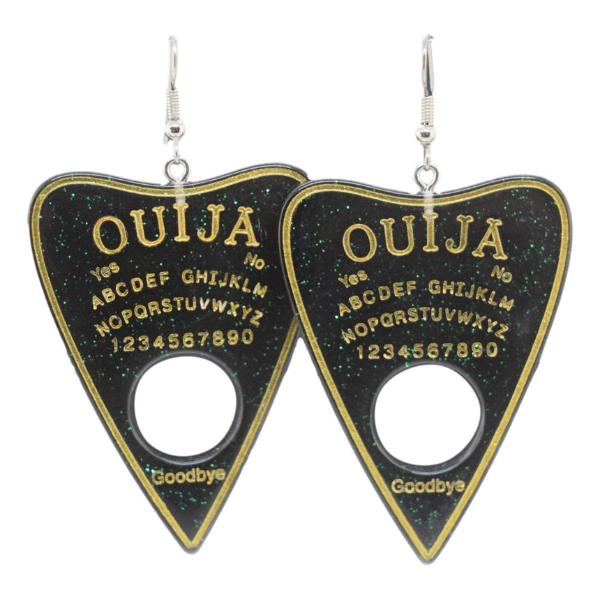 Glitter Gold Black Green Ouija Planchette Earrings