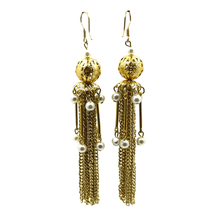 Vintage Brass Orb Pearl Tassel Earrings