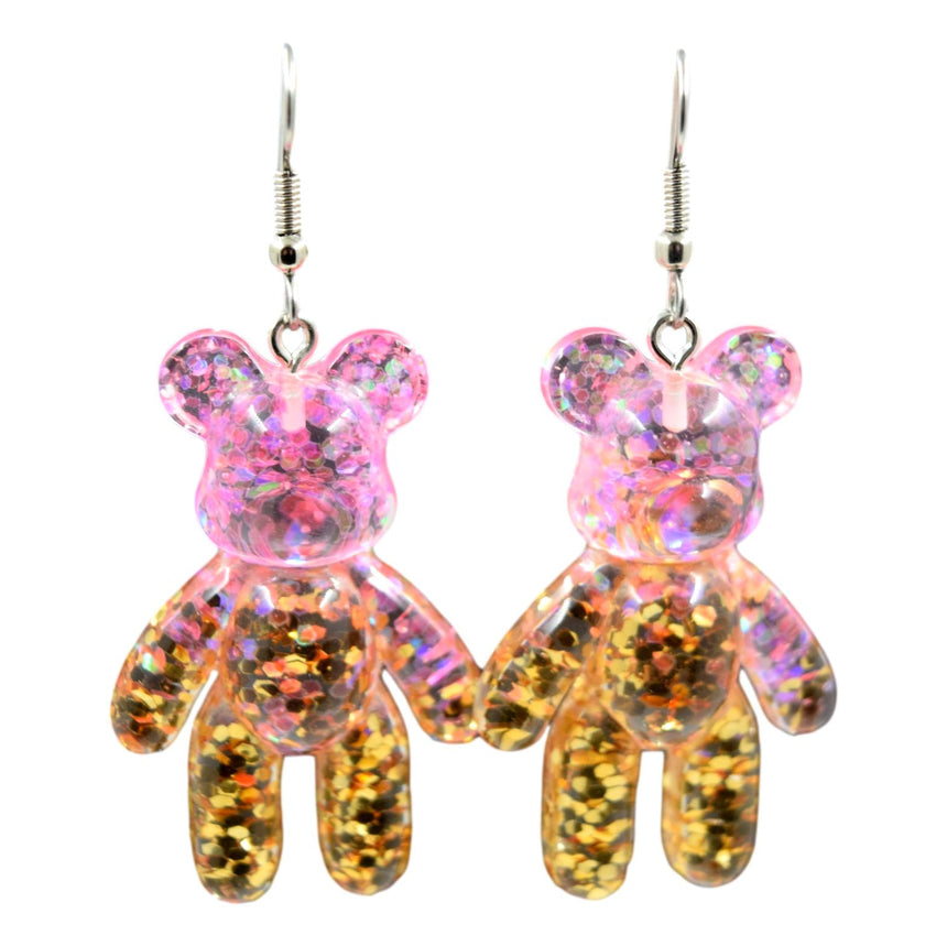 Gold Pink Ombre Resin Bear Earrings
