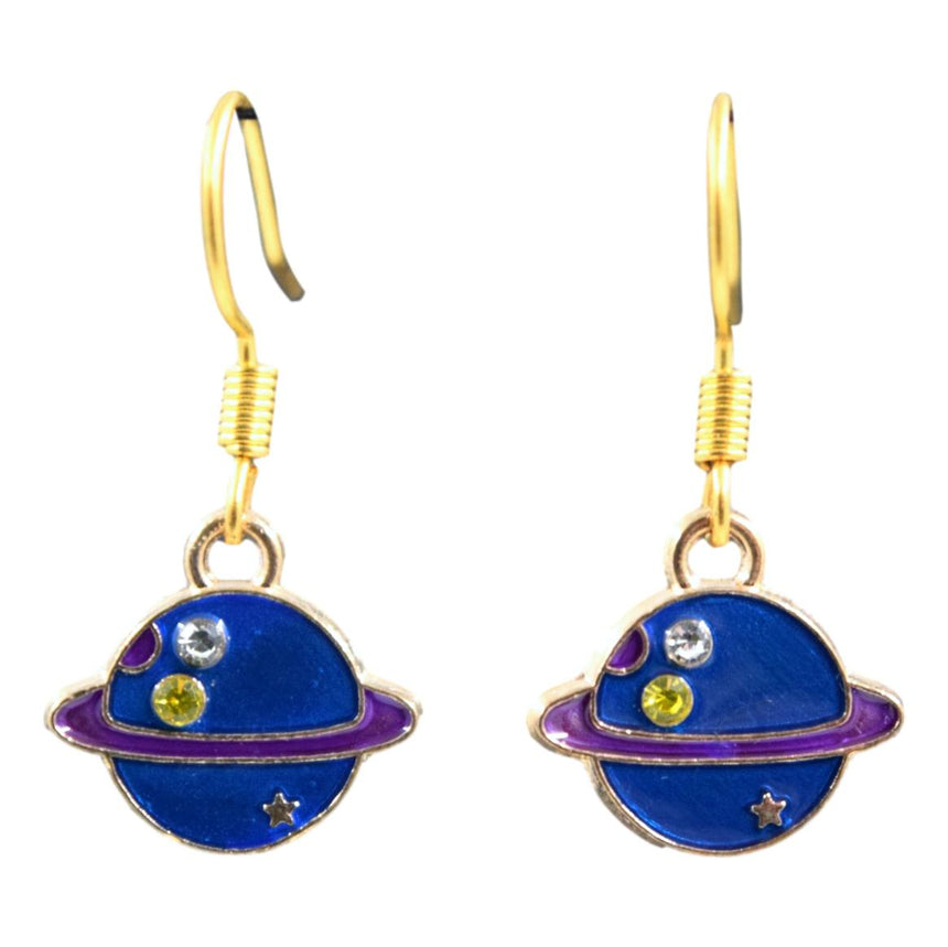 Little Mini Blue Purple Rhinestone Saturn Planet Earrings