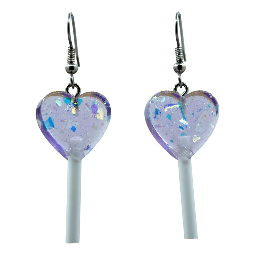 Holo Pastel Purple Mini Heart Lollipop Earrings