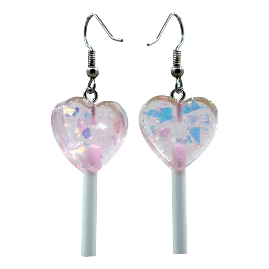 Holo Light Pink Mini Heart Lollipop Earrings