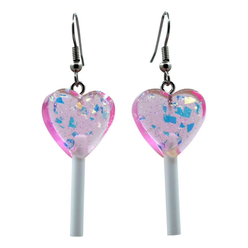 Holo Dark Pink Mini Heart Lollipop Earrings