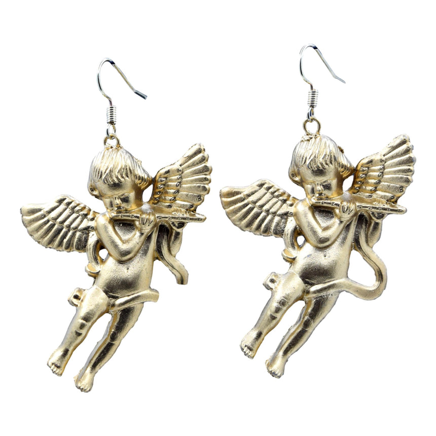 Vintage Cupid Angel with Flute 3D Gold Earrings