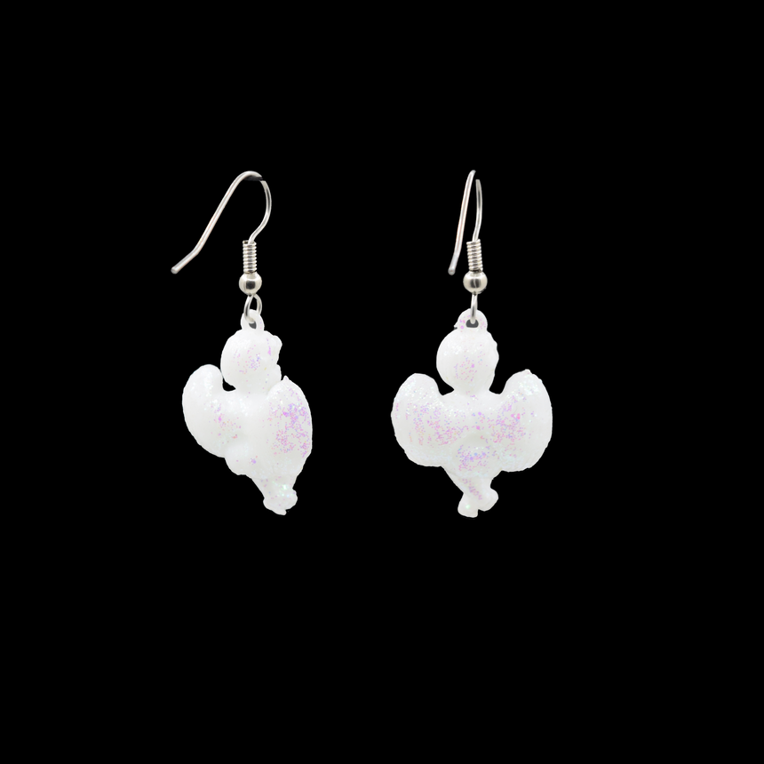 Vintage White Glitter Sitting Cupid Angel 3D Earrings
