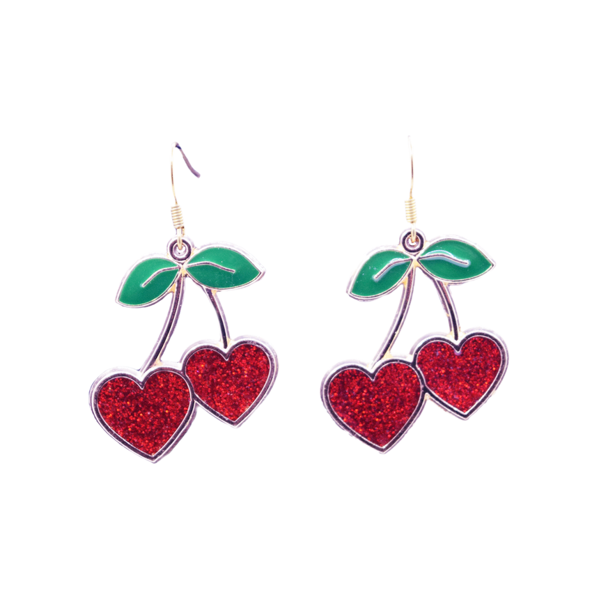 Cherry Resin Heart Dangle Earrings in Dark Red