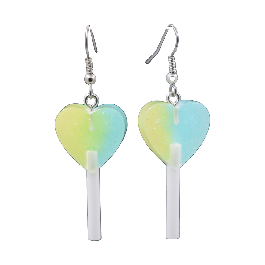 Half Pastel Green Blue Mini Heart Lollipop Earrings