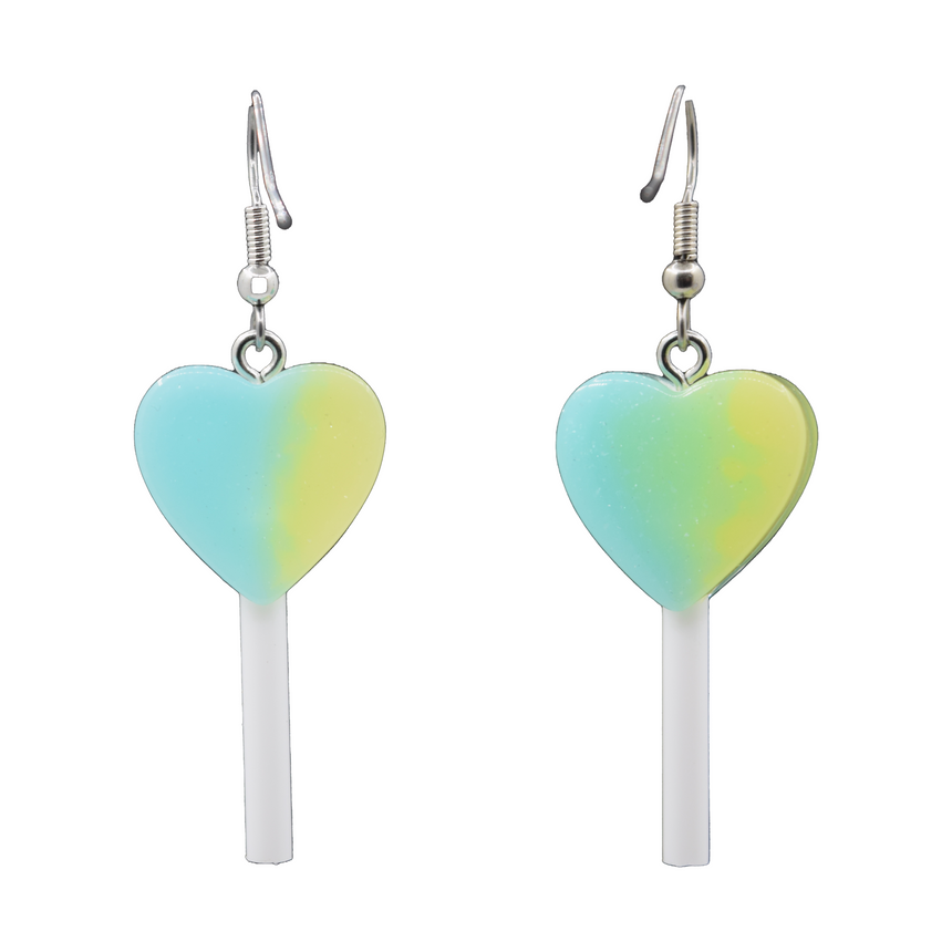 Half Pastel Green Blue Mini Heart Lollipop Earrings