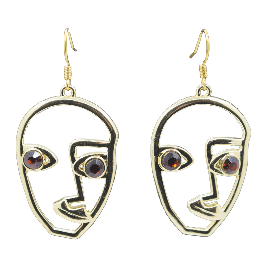 Minimalist Cubist Face Gold Earrings with Brown Rhinestones