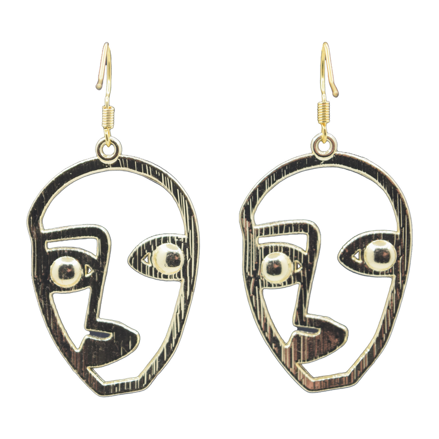 Minimalist Cubist Face Gold Earrings with Brown Rhinestones