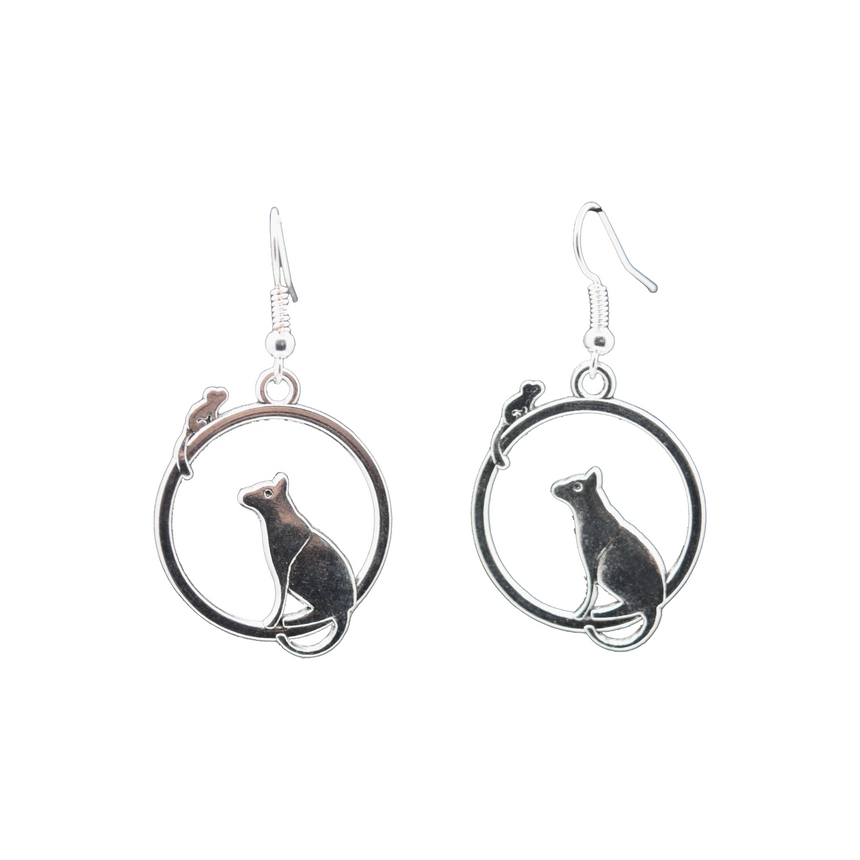 Chasing Cat Mouse Silver Earrings