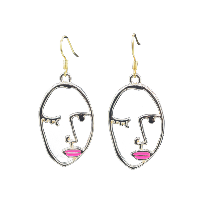 Minimalist Wink Cubist Face Gold Earrings with Pink Lips